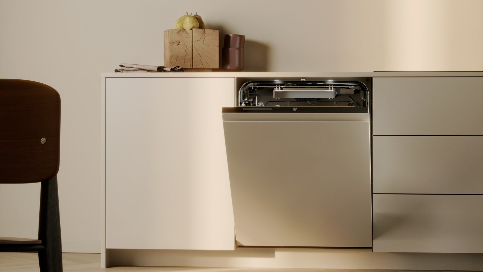 Lave-vaisselle moderne dans une cuisine ouverte au design minimaliste et à la lumière chaude.