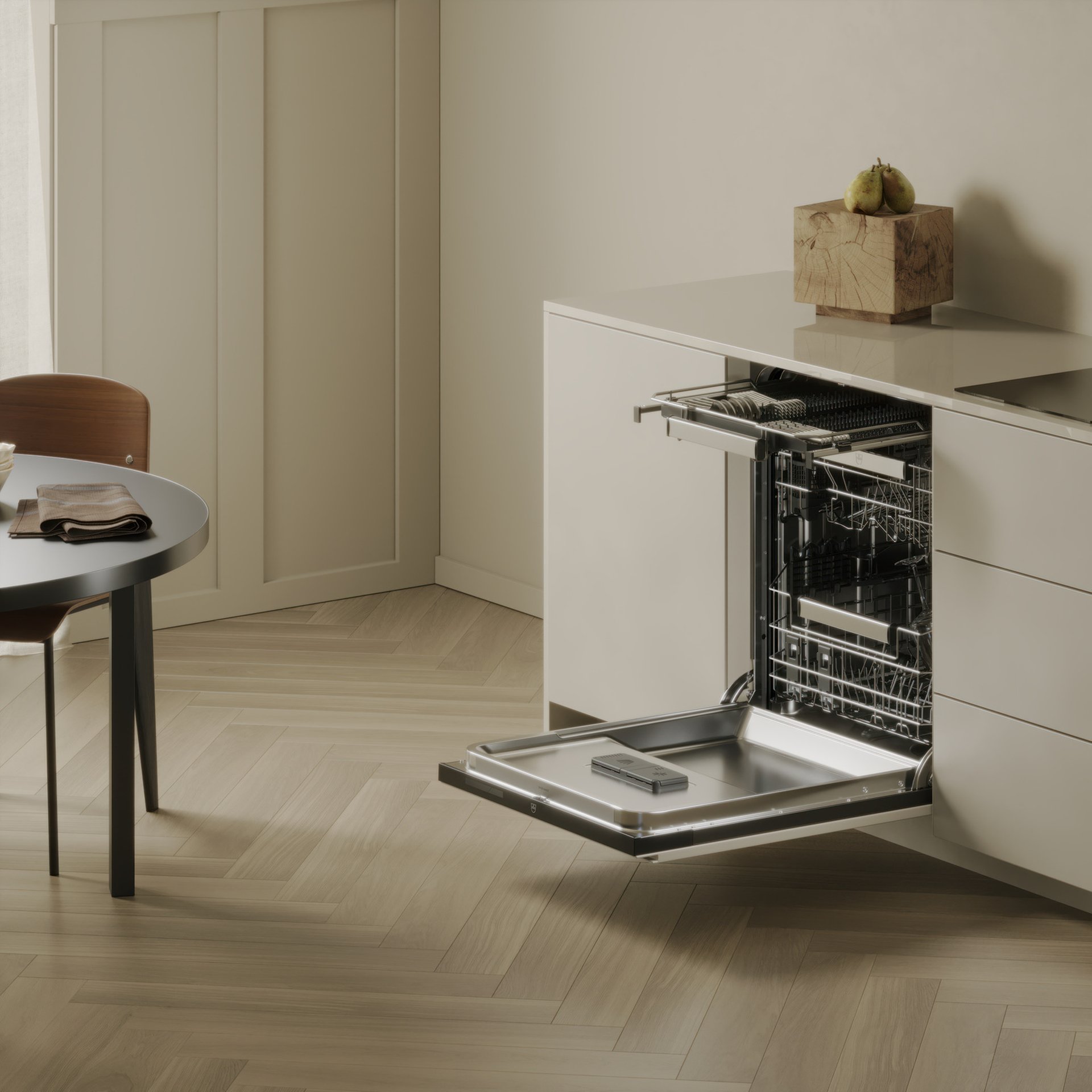 Lave-vaisselle moderne dans une cuisine minimaliste avec un panier à vaisselle ouvert et un design stylé.